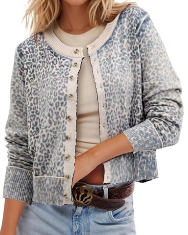 Ziesexy Leopard Cardigan Open Front Button Up Sweaters for Women Long Sleeve Shrug Cheetah Print Top Cropped Cardigan Jackets