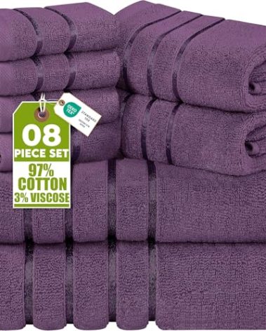 Utopia Towels 8 Piece Luxury Towel Set, 2 Bath, 2 Hand, and 4 Wash Cloths, 600 GSM Ring Spun Cotton, Highly Absorbent Viscose Stripe Towels, Ideal for Everyday use, Plum