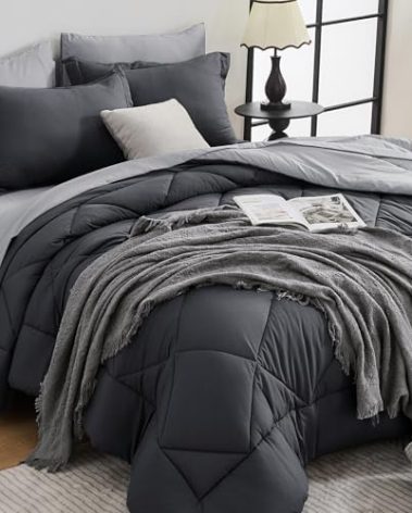 HEVUMYI King Comforter Set - 7-Piece All Season Bed in a Bag King, Ultra Soft Bedding Set with Comforter, Flat Sheet, Fitted Sheet, Pillowcases, Pillow Shams, Dark Grey & Light Grey
