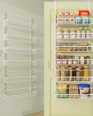 Mefirt Over The Door Pantry Organizer, Wall Mount Spice Rack, Pantry Hanging Storage and Organization, 6 Adjustable Baskets Heavy-Duty Metal for Home & Kitchen, Back of Door Seasoning Rack - White