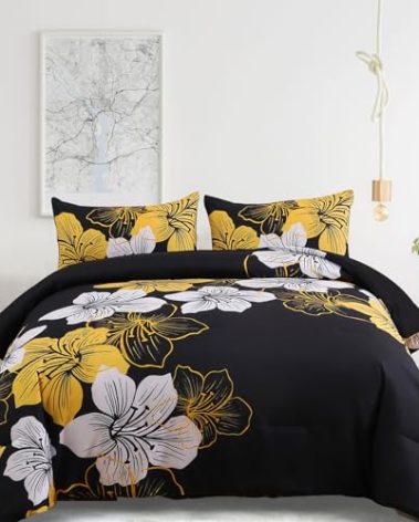 Menghomeus Full Comforter Set Black/Gold Floral Bedding Comforter Sets - Soft Microfiber Bed Comforter Set for All Season 3 Piece Botanical Flowers Comforter, Pillowcases