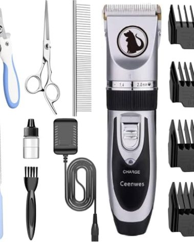 Ceenwes Dog Clippers with Storage Case, Low Noise Pet Clippers, Rechargeable Trimmer, Cordless Grooming Tool, Professional Hair Trimmer for Dogs, Cats & Others, Silver