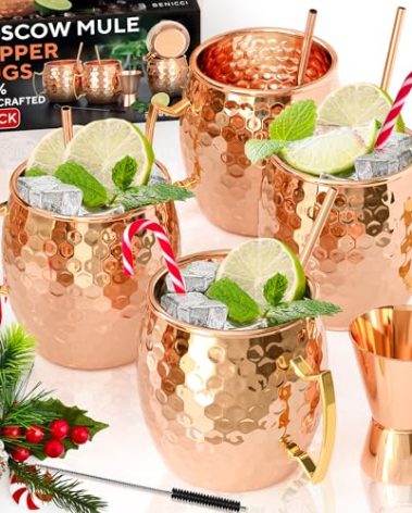 Benicci Moscow Mule Copper Mugs - Set of 4-100% HANDCRAFTED - Food Safe Pure Solid Copper Mugs - 16 oz Christmas Gift Set with Premium Quality Cocktail Straws and Jigger!