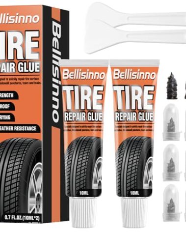 Bellisinno Tire Repair Glue, Sidewall Rubber Cement Kit, Two Sizes Nail, Suitable for Bike, Car, Motorcycle, Off-Road, Truck, Tractor, Black, 10ml*2