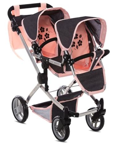 Dolls To Play - Baby Doll Double Stroller, Twin Pram Buggy Pretend Play for Girls Kids 27.5 Inches High Adjustable Handle Rotating Wheels Storage Basket Diaper Bag