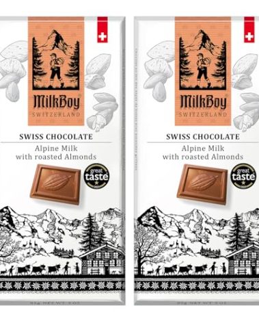 Milkboy Swiss Chocolates Almond Chocolate Bars - Premium Swiss Alpine Milk Chocolate with Almonds - All Natural, Gluten-Free, Non-GMO - Made in Switzerland, Kosher - 3 oz, Pack 2
