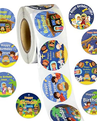 500 Pcs Happy Birthday Jesus Stickers for Kids Religious Birthday Jesus Stickers Roll for Christmas Nativity Scene Roll Church and Sunday School Classroom Party Decoration Supplies