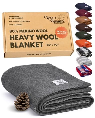 Woolly Mammoth Woolen Co. | Extra Large Merino Wool Camp Blanket | Perfect Outdoor Gear | Bedroll for Bushcraft, Camping, Trekking, Hiking, Survival, or Throw Blanket at the Cabin (Gray), 66" x 90"