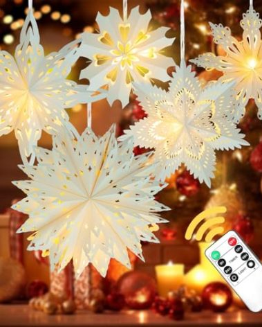 5 Pack Christmas Paper Snowflake Lanterns, Christmas Paper Star Lantern with LED Light White Hanging Lamp Ornaments for Xmas Tree New Year Winter Frozen Weddings Birthday Holiday Party Decorations
