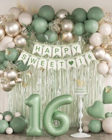 73pcs Sweet 16 Party Decorations, 16 Birthday Decorations with 16th Birthday Banner 16 Balloon Number Fringe Curtain Sage Green Sand White Gold Balloons for Sweet 16 Birthday Decorations