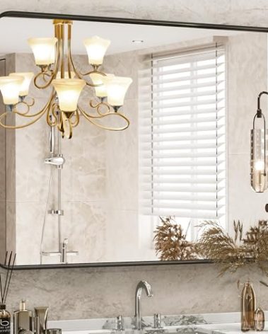 DUMOS Black Vanity Bathroom Mirror for Wall, Metal Framed Rounded Rectangular Modern Mirrors for Over Sink, 30x40 Inch for Farmhouse, Tempered Glass, Hangs Horizontally or Vertically