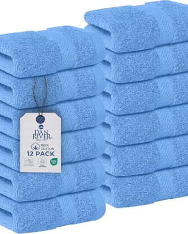 DAN RIVER 12-Pack Premium 100% Cotton Medium Blue Face Towels for Bathroom - Reusable Face Wash Cloths for Showering 12x12 Inches - 550 GSM Super Soft & Absorbent Luxury WashCloths for Body, Spa & Gym