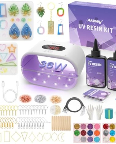 Akisey UV Resin Jewelry Making Kit, 200g Clear UV Resin Glue with Two-Sided Light & Molds, Starter Kit for Making Jewelry, Earring, Necklaces, Keychains
