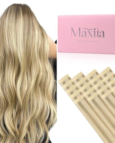 MAXITA Tape in Hair Extensions Human Hair, Balayage Light Blonde Highlighted Golden Blonde Grey Tone 14Inch 50g 20pcs, Thick Ends Straight Seamless Tape ins, Invisible Hair Extensions Real Human Hair