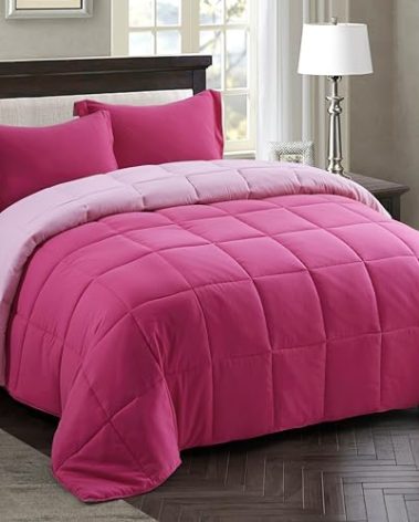 HIG 3pc Pink Queen Size Comforter Set - All Season Reversible Down Alternative Bedding Comforter Set - Quilted Duvet Insert with Corner Tabs - Box Stitched Blanket - Breathable, Soft, Fluffy