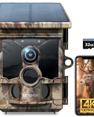 CEYOMUR 4K 30fps Solar Trail Camera, 68MP WiFi Trail Cam with 5200mAh Battery and 32GB TF Card, Game Camera with Night Vision 120° Detection Motion Activated IP66 Waterproof for Wildlife Scouting