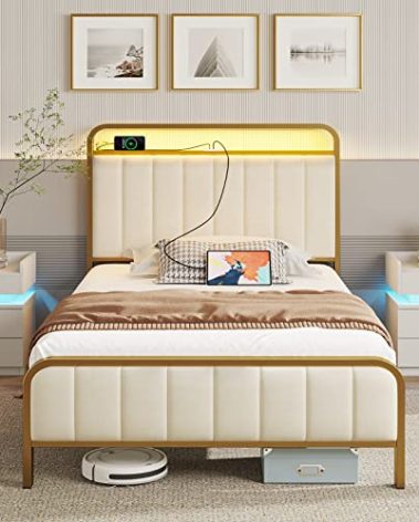 Rolanstar Twin Size Bed Frame with LED Light and Charging Station, Upholstered Headboard and Footboard, Metal Slat, Golden
