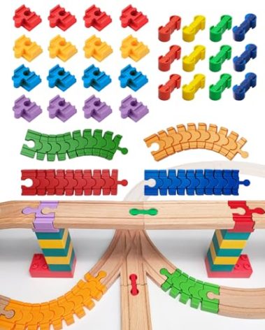 Wooden Train Track Accessories Set, 32 pcs Track Connector, Compatible with All Major Brands Wood Train Tracks, Christmas Birthday Gift for Boys Girls, Trains Toys Expansion Pack for Kids Ages 3+