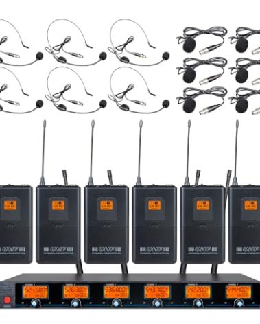 Tbaxo Wireless Microphone System 6 Channel Lavalier Mic Bodypacks Lapel Headsets Frequency B Wedding Party Meeting School Church Speaking Conference Meeting Classroom