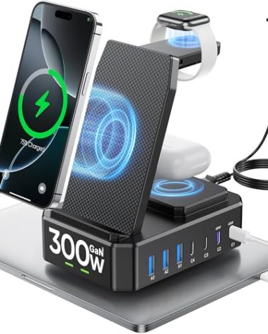 300W Charging Station for Multiple Devices Apple,10 in 1 Wireless Charger for iPhone,GaN III USB C 65W PD Fast Charging Stand Dock for MacBook,iWatch&Airpods (Wireless Charging Only for Apple)