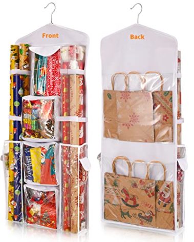 Freeote Hanging Gift Wrap Storage Organizer, 40x16 Inch Wrapping Paper Storage Hanging Gift Bag Organizer Station with Multiple Pockets, White