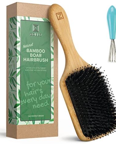 Natural Boar Bristle Hair Brush for Women, Men, Kids; Dry and Wet Detangling Hair Brush Gently Enhances Shine, Smooths Frizz and Prevents Breakage in Fine and Straight, Thick and Curly Hair (paddle)
