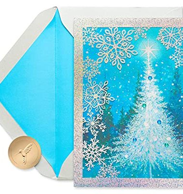 Papyrus Christmas Tree Card with Sparkly Snowflakes, Perfect for Friends & Family (Peace and Joy)
