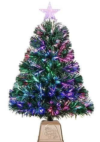 24inch Green Fiber Optic Christmas Tree,Pre-Lit Artificial Mini Christmas Tree, Tabletop Small Xmas Tree with Stars Holiday Home Decorations