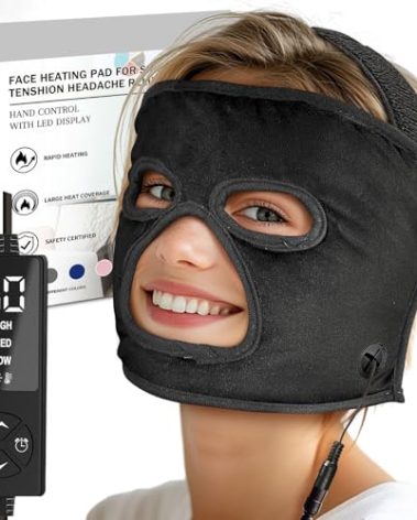 ELEKHEAL EX-Large Heated Face Mask with Eye Cutouts for Sinusitis, TMJ, Tension Headaches with 3 Heat & 5 Timer Settings, Electric Heating Pad for Face Full Coverage Moist Heat Therapy