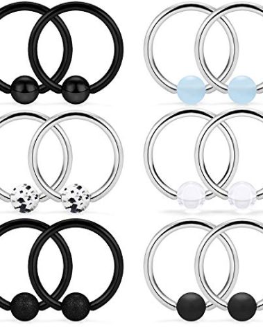 SCERRING 6 Pairs 14G Stainless Steel Captive Bead Ring Nipple Rings Hoop Cartilage Earrings Nipplerings Piercing Jewelry For Women Men 14mm Black