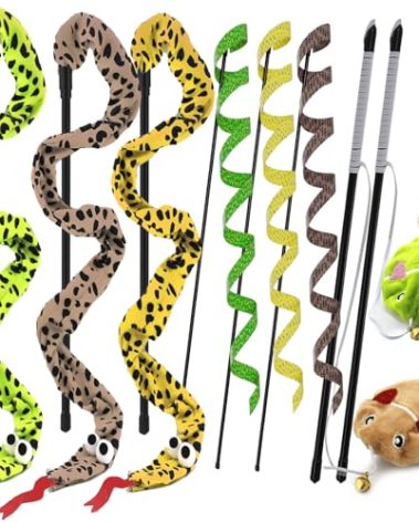 URMYONLY Interactive Cat Toy Wand with Catnip Mouse, Cat Teaser Wand Rainbow String for Bored Indoor Adult Cats and Kittens (8 Pack)