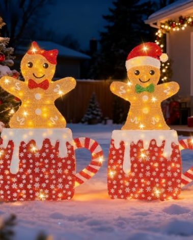 2D Light Up Gingerbread Man Christmas Decorations, 42 Inch Lighted Christmas Outdoor Decorations Yard with 160L, 2Pcs Gingerbread Man Couple Xmas Festive Holiday Front Garden Patio Yard Lawn Display