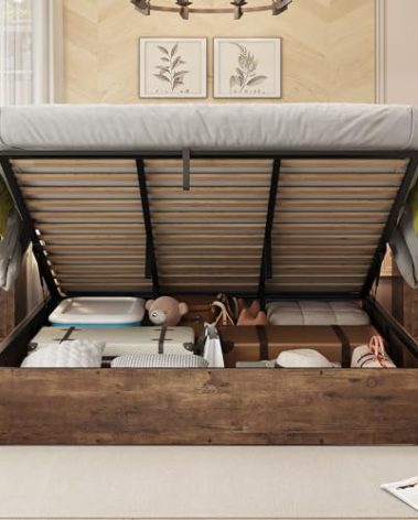 AMERLIFE Lift Up Storage Bed, King Bed Frame with Storage Underneath, Wooden Platform Bed Frame, Solid Wood Slats Support, No Fixed Headboard, No Box Spring Needed, Rustic Brown