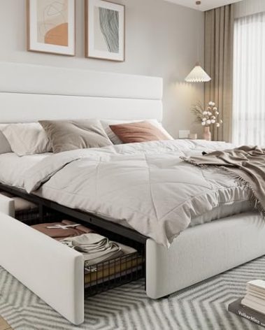 Allewie Modern King Size Platform Bed Frame with 4 Storage Drawers and Velvet Upholstered Headboard, Wooden Slats Support, Upholstered Mattress Foundation/No Box Spring Needed/Easy Assembly, White