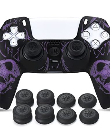 YoRHa Laser Carving Silicone Skin for PS5 Controller x 1(Skulls Purple) with Exclusive Thumb Grips x 8
