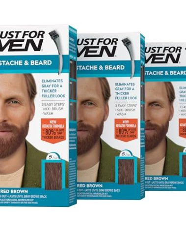 Just For Men Mustache & Beard, Beard Dye for Men with Brush, With Keratin Biotin Aloe and Coconut Oil for Healthy Facial Hair - Light Red Brown, M-27, Pack of 3 (Packaging May Vary)