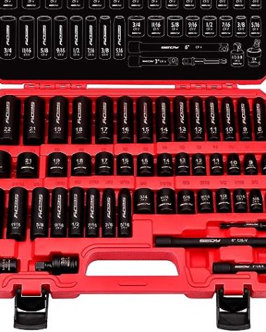 3/8" Drive Impact Socket Set - 49-Piece SAE (5/16 to 3/4 inch) and Metric (8-22mm) Sizes with Extension Bars and Universal Joint Standard & Deep CR-V Material for High Durability Impact Wrench