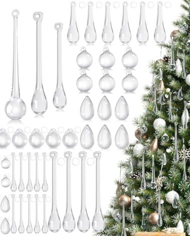 60 Pcs Clear Glass Christmas Ornaments for Christmas Tree, Crystal Teardrop Hanging Ornaments, Glass Icicle Chandelier Raindrop Pendant Decorations for Xmas, Winter Party Supplies, 8 Style (Clear)