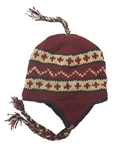 Wool Hand Knit Unisex Fleece Lined Ear Flap Beanie Cap Hat (Maroon)