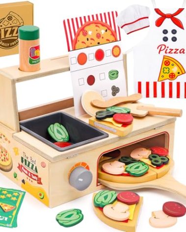 Wooden Pizza Toy, Montessori Pretend Play Toys, Wooden Pizza Counter Playset, Play Food and Accessories, Cooking Pretend Play Toys for Boys Girls Age 3+