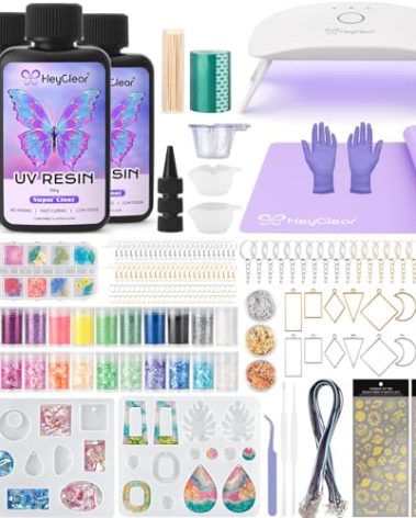 HeyClear UV Resin Molds Jewelry Making Kit with UV Lamp and Casting Tools -300g Super Clear, Hard, Low Odor, Premixed and Fast Curing for Keychains, Earrings, DIY Craft Decorations