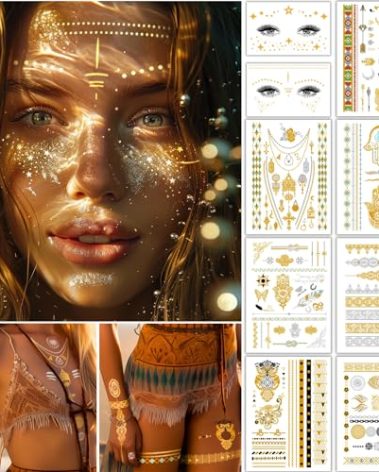 Boho Gold Temporary Tattoo Set, Body Glitter & Face Glitter Freckles, 150+ Metallic Temporary Tattoos for Women Teens Girls Kids on Bachelorette Party Beach Festivals Cosplay Dates, 9 Sheets