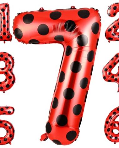 Lunmon 40 Inch Ladybug Large Number 7 Balloon Birthday Decorations Supplies Black Red Polka Dots Ladybird Dots Theme Number Balloons for 7th Birthday Party Baby Shower