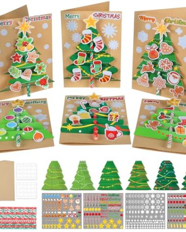 Justforjoyful 24 Sets Christmas Card Making Craft Kit for Kids 3D Christmas Tree Cards Crafts DIY Handmade Greeting Card Holiday Xmas Art and Crafts Supplies for Christmas Home Classroom Activities