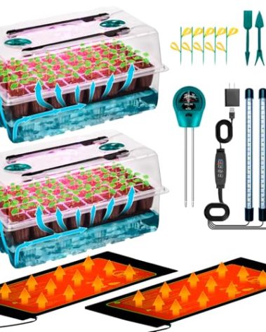 Hugbow Self-Watering Seed Starter Tray with Grow Light and Heat Mat, 80-Cell Plant Starter Trays Seed Starter Kit, Seed Starter Tray for Seed Starting, Plant Germination & Seedling Growing, 2 Pack