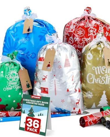 XPCARE 36Pcs Christmas Wrapping Gift Bags with Ribbon Ties, Assorted Sizes Aluminum Foil Christmas Gift Bags Reusable Holiday Present Goody Sacks for Gift Wrap/Holidays Favor Supplies