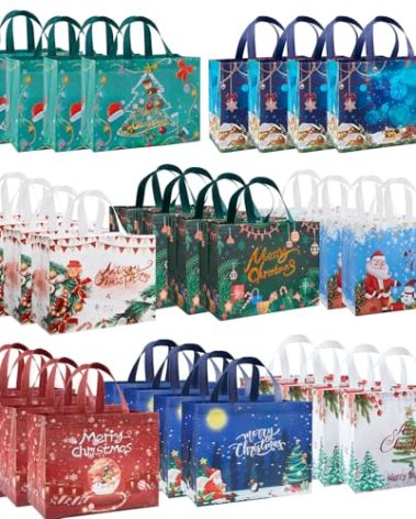 YANGTE 32 Pack Christmas Gift Bags with Handles, Large Non-Woven Tote Bags for Wrapping Xmas Party Favors, 12.8"x9.8"x6.7