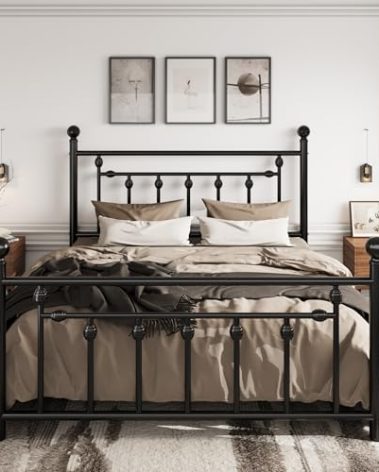 SHA CERLIN 14'' Full Size Metal Platform Bed Frame/Victorian Headboard and Footboard/Steel Slats Mattress Foundation for Storage/No Box Spring Needed/Noise Free/Black