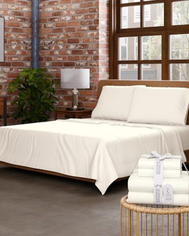 Light Ivory Organic 100% Cotton Full Bed Sheets – Ultra Light, Breathable, Cool & Crisp – Wicks Away Moisture, Deep Pocket, Fully Elasticized – 4 Piece Sheet Set, Fits up to 18” Mattress