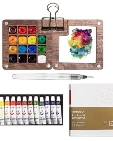 Facdiary Mini Travel Watercolor Set Pocket Artist Watercolor Travel Set Grid Palette Box Sketch Book Brush Pens With Binder Clips For Painters Artists Students
